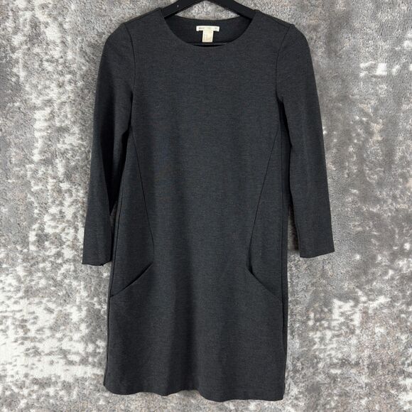 H&M Size XS Stretch Mini Shift Dress Gray Long Sleeve Pockets Casual Pullover - Picture 1 of 9